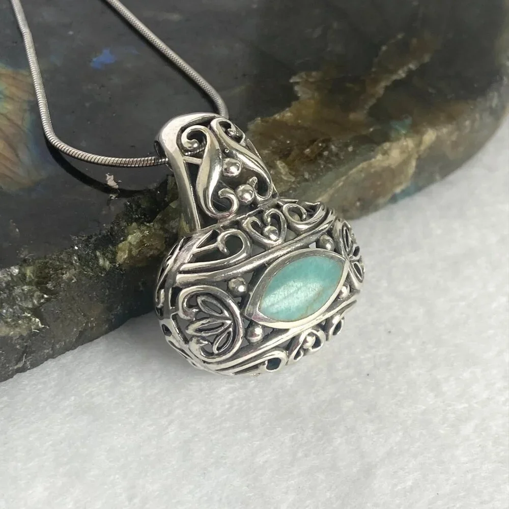 Sterling Silver 925 Chunky Bali Style Scrollwork Turquoise Pendant Necklace 18